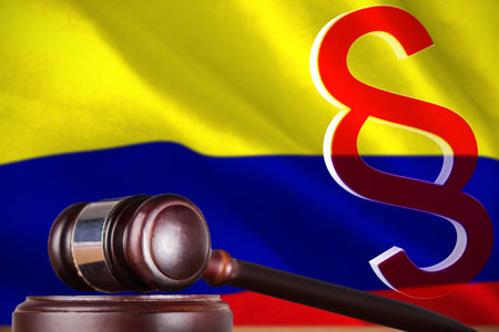Vector icon of section symbol against digitally generated colombia national flagの写真素材