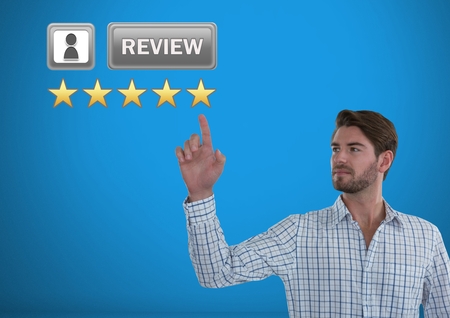 Digital composite of Businessman touching Five star review rating starsの写真素材