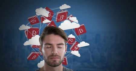 Digital composite of Bitcoin icon symbols and clouds and Businessman with eyes closed and dark...