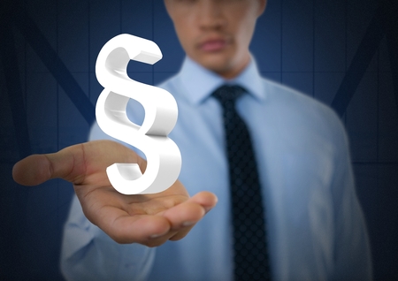 Digital composite of Section symbol and Businessman with hands palm open and dark backgroundの写真素材