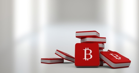 Digital composite of bitcoin symbol icons with bright backgroundの写真素材