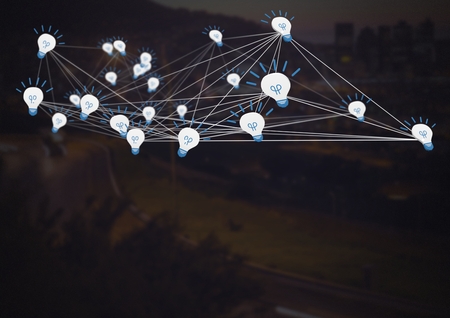 Digital composite of idea light bulbs app icons connected and dark background
