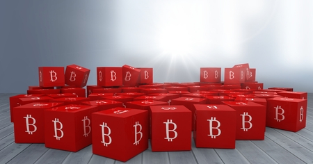 Digital composite of bitcoin symbol icons with bright background on floorの写真素材