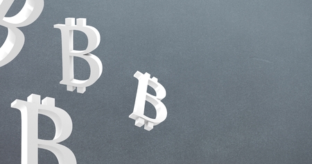 Digital composite of bitcoin symbol icons with grey backgroundの写真素材