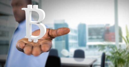 Digital composite of Hand open with bitcoin symbol iconの写真素材