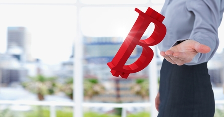 Digital composite of Hand open with bitcoin symbol iconの写真素材