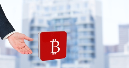 Digital composite of Hand open with bitcoin symbol iconの写真素材