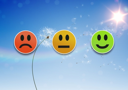 Digital composite of Feedback smiley faces review in skyの写真素材