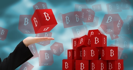 Digital composite of Hand open with bitcoin symbol iconsの写真素材