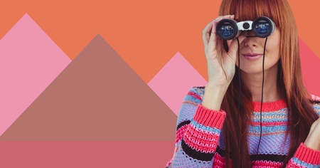 Digital composite of Woman with binoculars and minimal shapesの写真素材