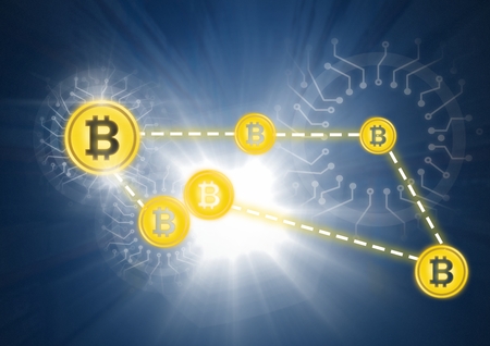 Digital composite of Bitcoin icons in network connectingの写真素材
