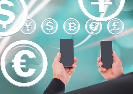 Digital composite of Businessman holding phone and currency glass circle icons