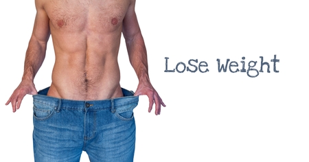 Digital composite of Loose weight text and man in oversized jeansの写真素材