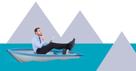 Digital composite of Businessman in boat with minimal shapesの写真素材