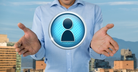Digital composite of Profile contact icon and Businessman with hands palm open in cityの写真素材