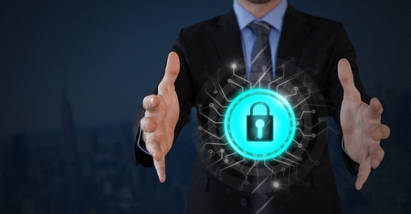Digital composite of Businessman with hands palm open and security lock icon