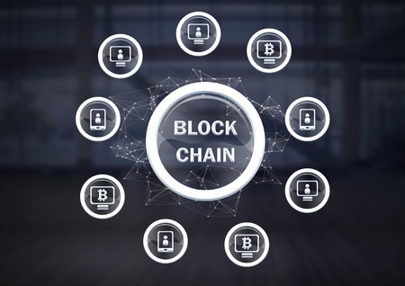 Digital composite of Blockchain icons network