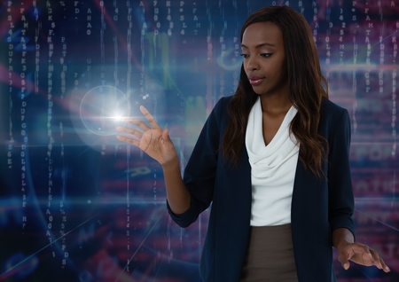 Digital composite of Businesswoman touching air light glowの写真素材
