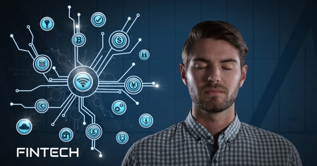 Digital composite of businessman thinking Fintech with various business icons interfaceの写真素材