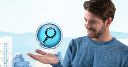 Digital composite of Magnifying glass search icon and Businessman with hand palm open in city
