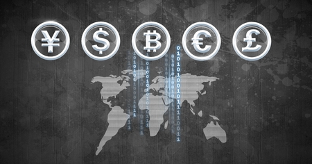 Digital composite of International Currency icons over world map with bitcoin codeの写真素材
