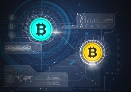 Digital composite of Bitcoin icons with circuit energy and technology graphicsの写真素材