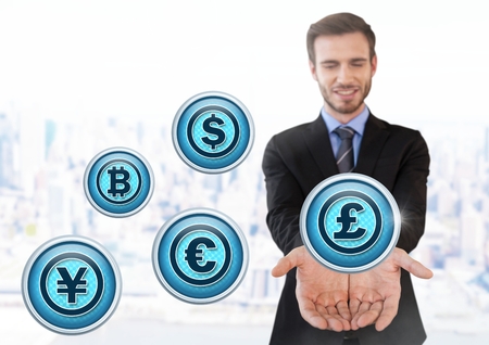 Digital composite of Currency icons and Businessman with hands palm open in cityの写真素材