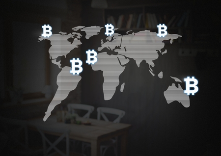 Digital composite of Bitcoin icons on world mapの写真素材