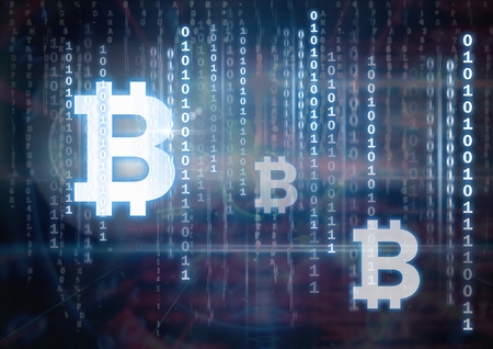 Digital composite of bitcoin graphic icons and binary code linesの写真素材