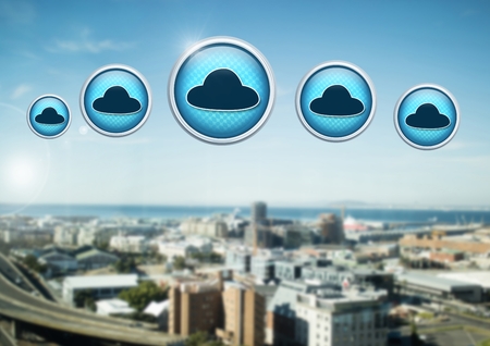 Digital composite of Cloud icons in city