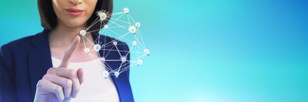 Businesswoman using invisible screen against abstract blue background