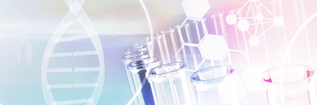 Image of DNA helix and molecules interface against test tube with chemical solutionの写真素材