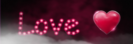 Digital composite of Shiny heart graphic with love text and fogの写真素材