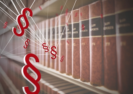 Digital composite of 3D Section symbol icons and law books