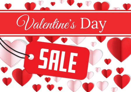 Digital composite of Sale text and Paper Valentines heartsの写真素材