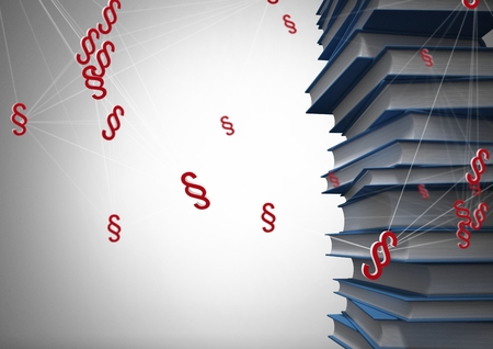 Digital composite of 3D Section symbol icons and books stacked upの写真素材