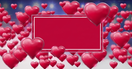 Digital composite of Shiny bubbly Valentines hearts with purple misty background and lights
