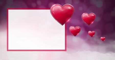 Digital composite of Shiny bubbly Valentines hearts with purple bokeh misty background