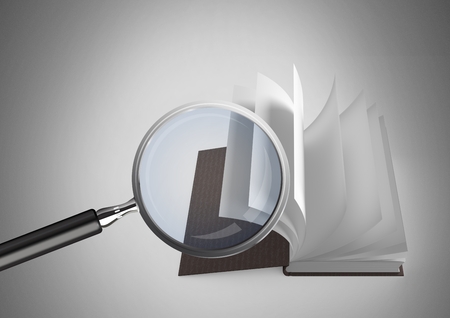 Digital composite of 3D Magnifying glass over bookの写真素材