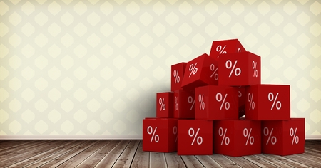 Digital composite of 3D Percent icons on floor in roomの写真素材