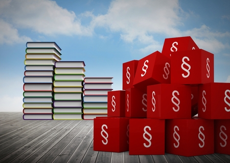 Digital composite of 3D Section symbol icons and book towers stackedの写真素材