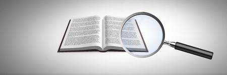 Digital composite of 3D Magnifying glass over bookの写真素材