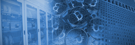 Bitcoin against image of a data centerの写真素材