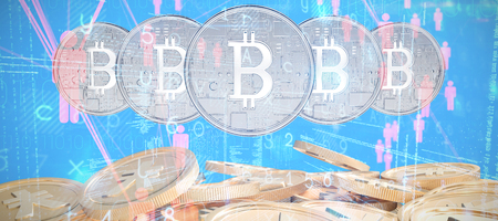 Virus background against bitcoinsの写真素材
