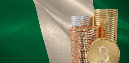 Bitcoin against digitally generated nigerian national flagの写真素材