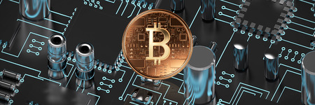 Bitcoin against close up of circuit boardの写真素材