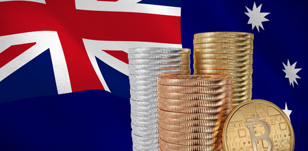 Bitcoin against digitally generated australian national flagの写真素材