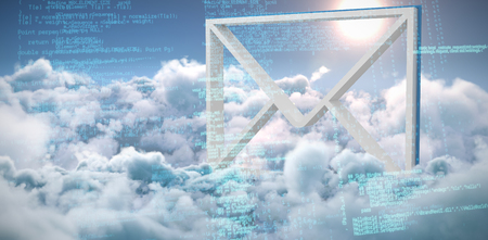 Composite image of binary codes against idyllic view of bright sun over clouds during sunny dayの写真素材