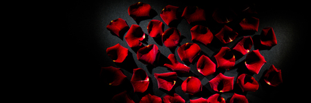 Scattered red rose petals on tableの写真素材