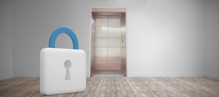 Padlock symbol against room with elevatorの写真素材